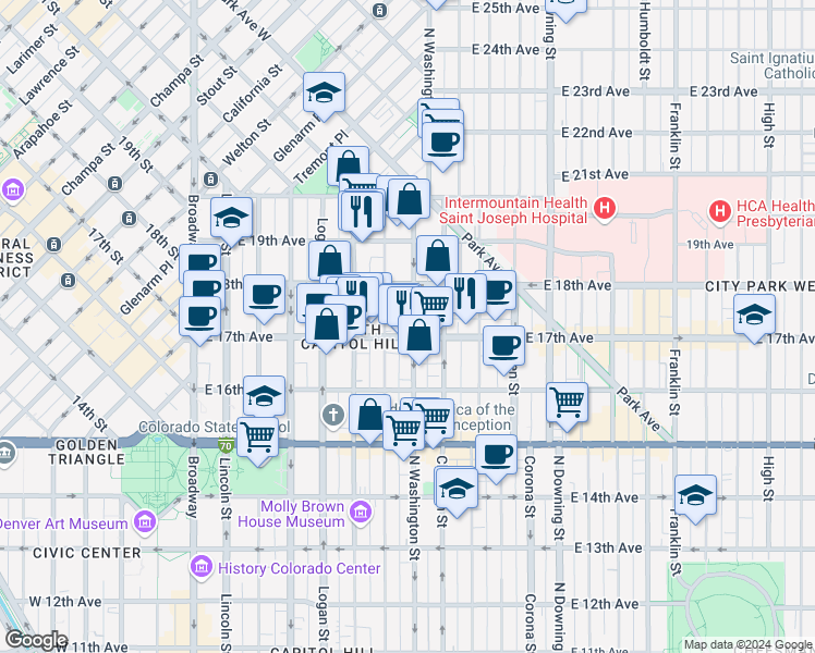 map of restaurants, bars, coffee shops, grocery stores, and more near 1747 North Washington Street in Denver