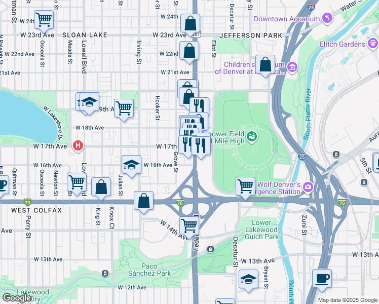 map of restaurants, bars, coffee shops, grocery stores, and more near 3001-3043 West 17th Avenue in Denver