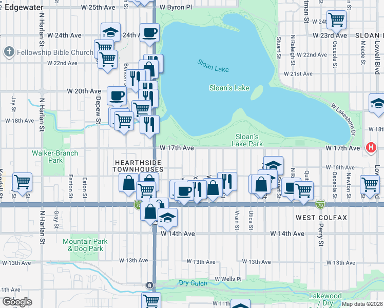 map of restaurants, bars, coffee shops, grocery stores, and more near 1690 Xavier Street in Denver