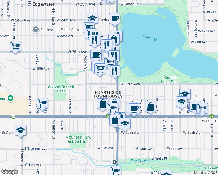 map of restaurants, bars, coffee shops, grocery stores, and more near 5280 West 17th Avenue in Lakewood