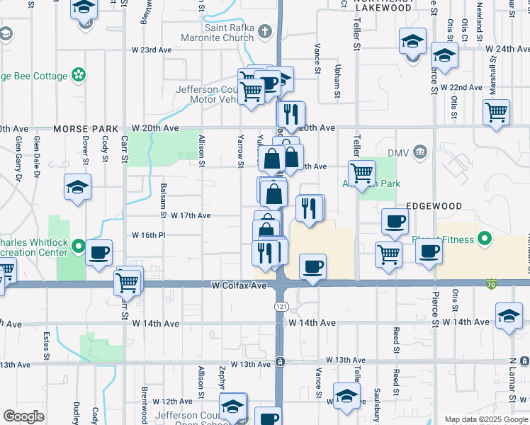 map of restaurants, bars, coffee shops, grocery stores, and more near 1701 Wadsworth Boulevard in Lakewood