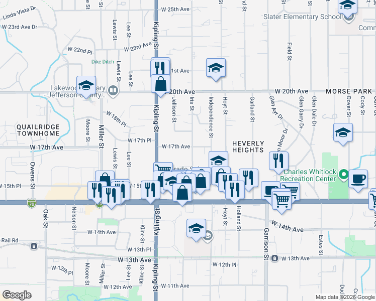 map of restaurants, bars, coffee shops, grocery stores, and more near 1725 Iris Street in Lakewood