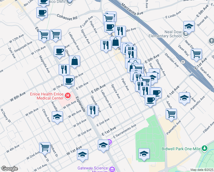 map of restaurants, bars, coffee shops, grocery stores, and more near 370 East 5th Avenue in Chico