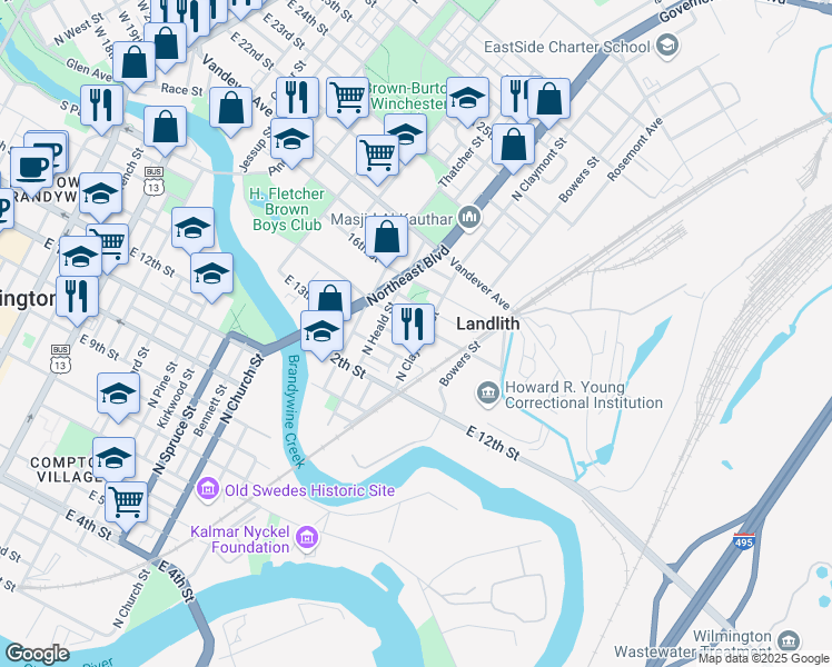 map of restaurants, bars, coffee shops, grocery stores, and more near 1133 East 14th Street in Wilmington