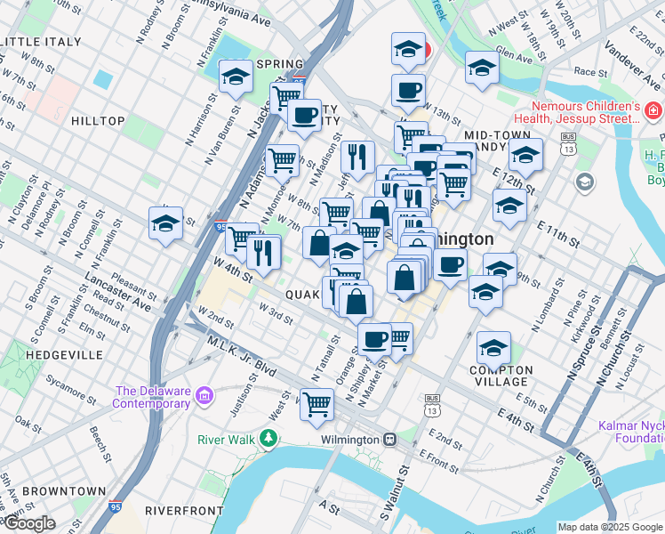 map of restaurants, bars, coffee shops, grocery stores, and more near 406 West 7th Street in Wilmington
