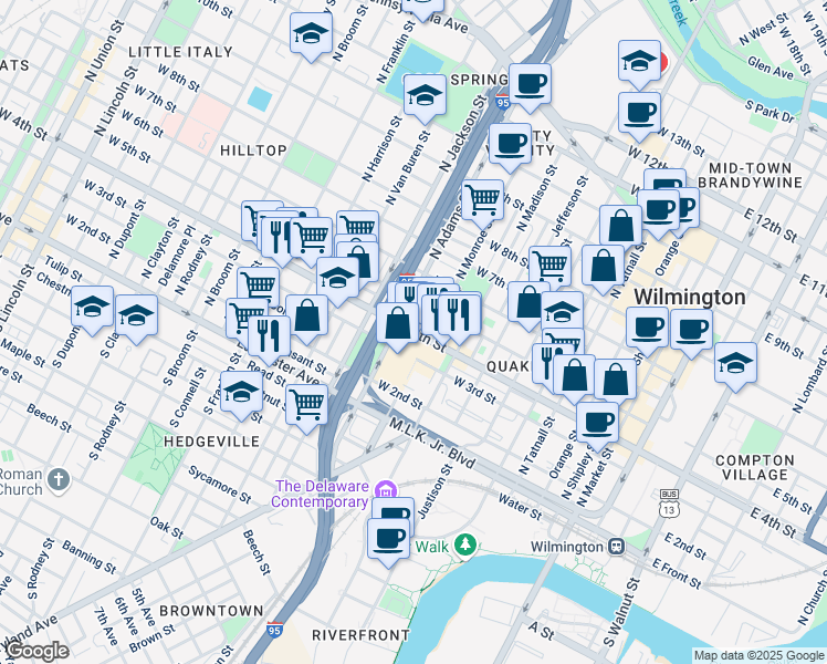 map of restaurants, bars, coffee shops, grocery stores, and more near 837 West 4th Street in Wilmington