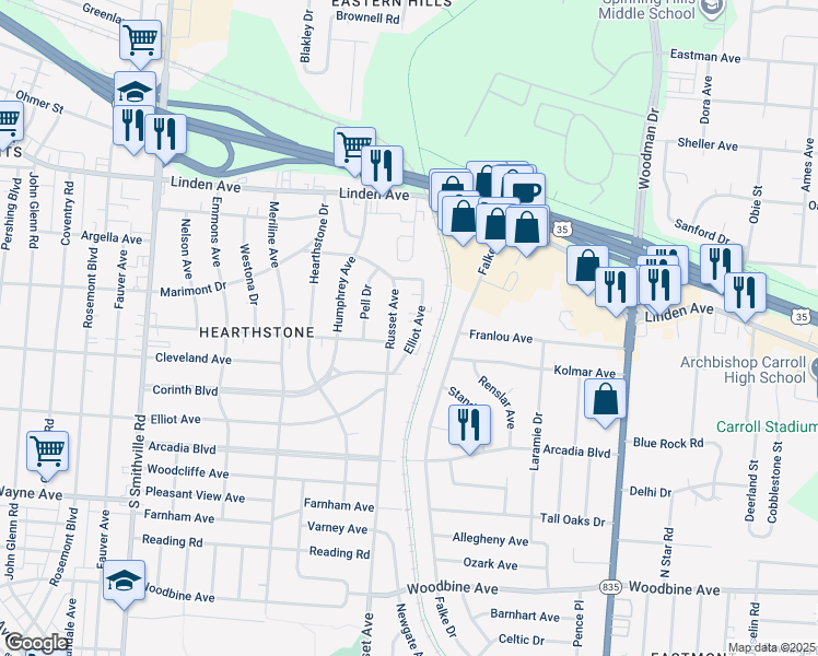 map of restaurants, bars, coffee shops, grocery stores, and more near 4554 Elliot Avenue in Dayton