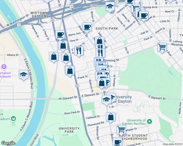 map of restaurants, bars, coffee shops, grocery stores, and more near 109 Ashley Street in Dayton