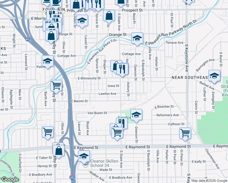 map of restaurants, bars, coffee shops, grocery stores, and more near 1629 Iowa Street in Indianapolis