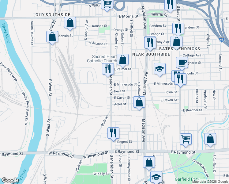 map of restaurants, bars, coffee shops, grocery stores, and more near 16 Iowa Street in Indianapolis