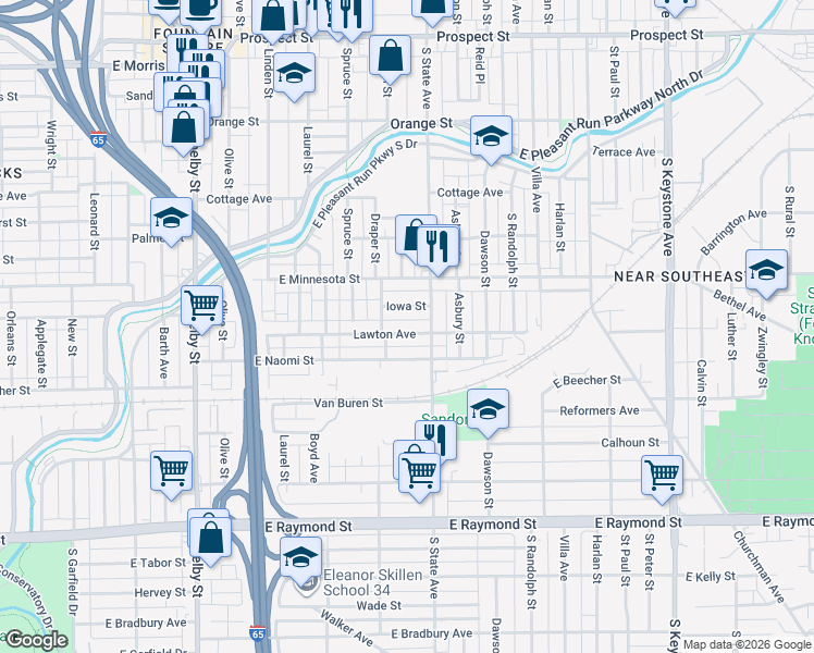 map of restaurants, bars, coffee shops, grocery stores, and more near 1629 Iowa Street in Indianapolis