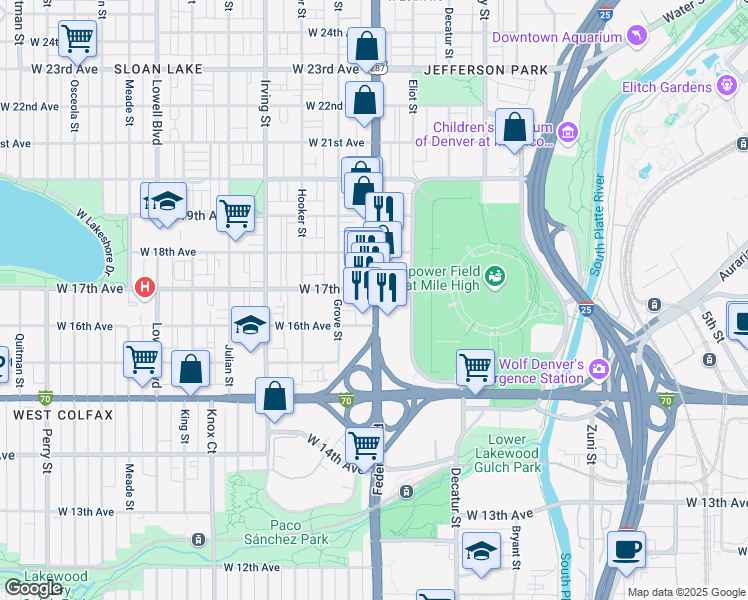 map of restaurants, bars, coffee shops, grocery stores, and more near 3043 W 17th Ave in Denver