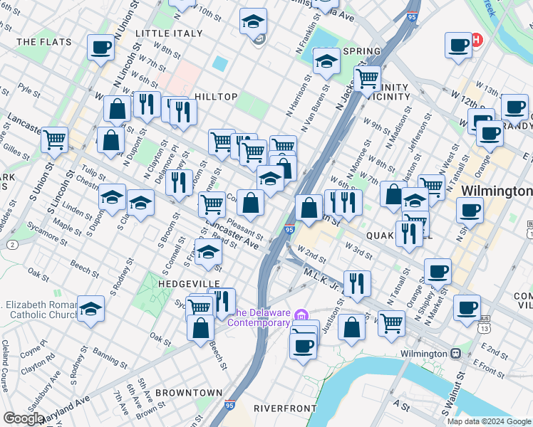 map of restaurants, bars, coffee shops, grocery stores, and more near 220 North Van Buren Street in Wilmington