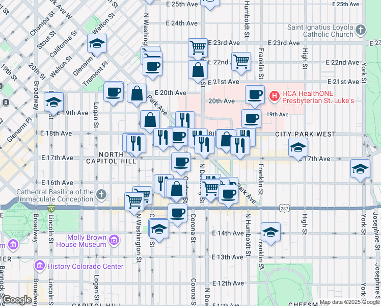 map of restaurants, bars, coffee shops, grocery stores, and more near 1001 East 17th Avenue in Denver