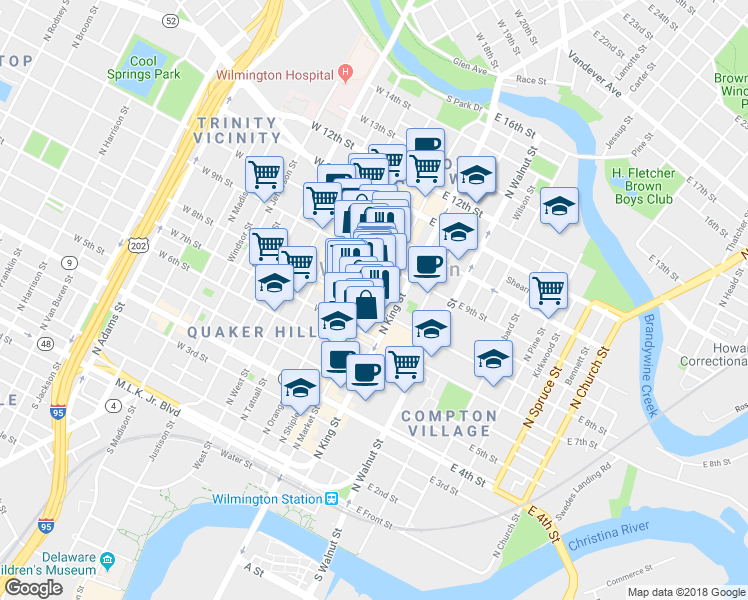 map of restaurants, bars, coffee shops, grocery stores, and more near 804 North Market Street in Wilmington