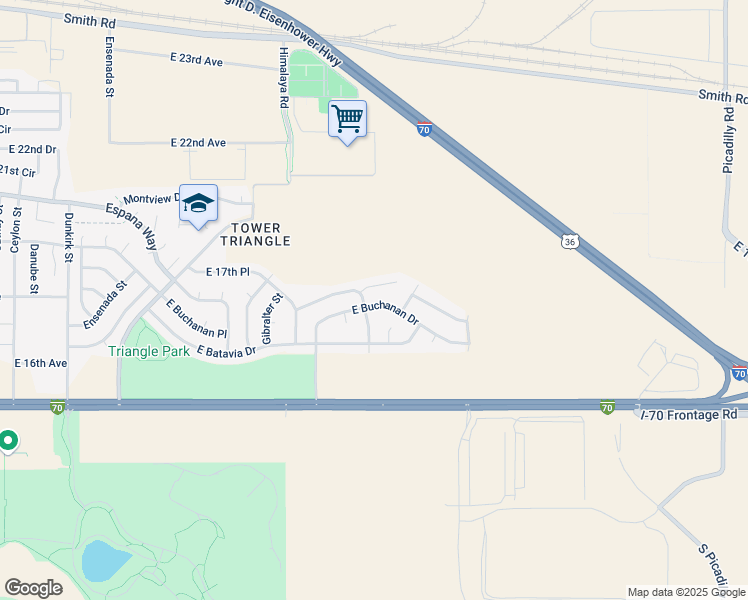 map of restaurants, bars, coffee shops, grocery stores, and more near 20540 East Coolidge Place in Aurora