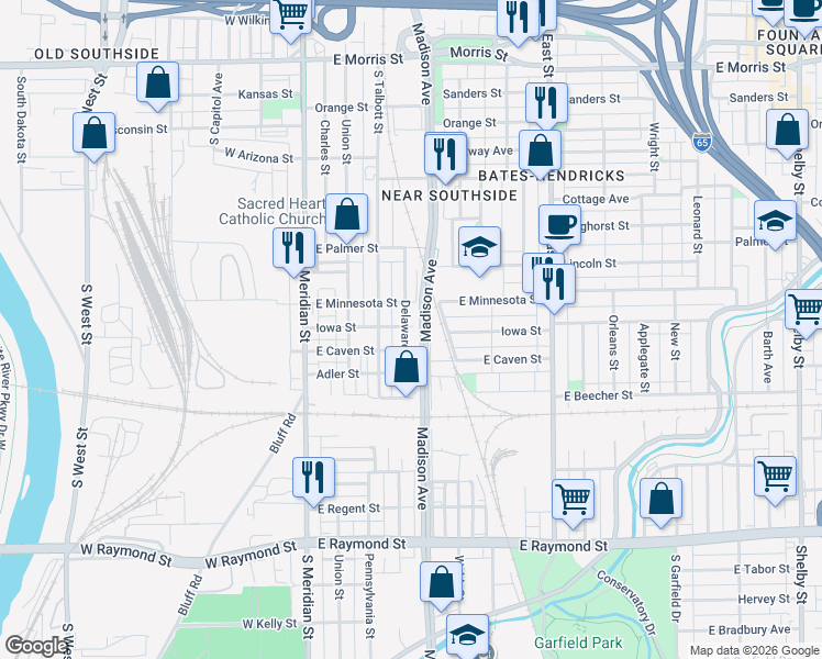 map of restaurants, bars, coffee shops, grocery stores, and more near 1731 South Delaware Street in Indianapolis