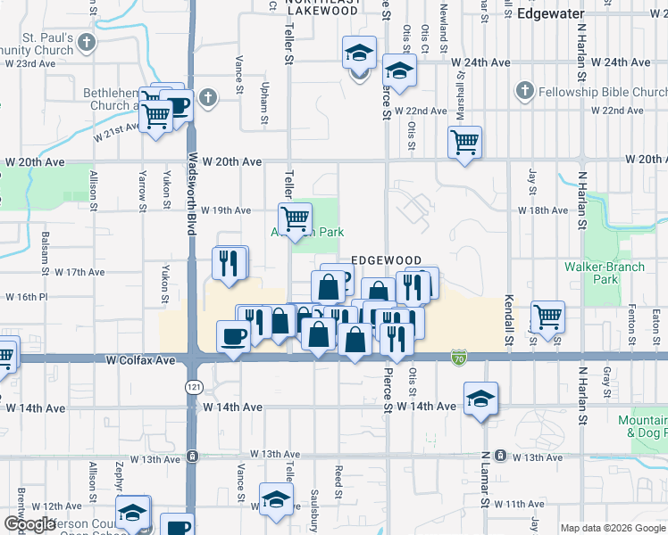 map of restaurants, bars, coffee shops, grocery stores, and more near 1681 Reed Street in Denver