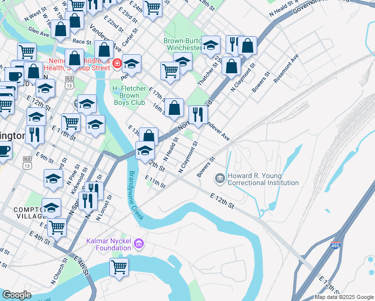 map of restaurants, bars, coffee shops, grocery stores, and more near 1323 North Claymont Street in Wilmington