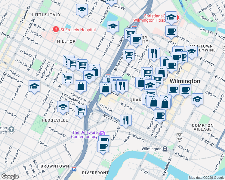 map of restaurants, bars, coffee shops, grocery stores, and more near 422A North Monroe Street in Wilmington