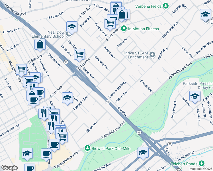 map of restaurants, bars, coffee shops, grocery stores, and more near 821 Neal Dow Avenue in Chico