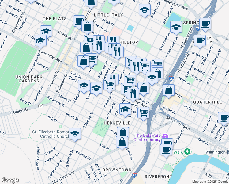 map of restaurants, bars, coffee shops, grocery stores, and more near 4 South Broom Street in Wilmington