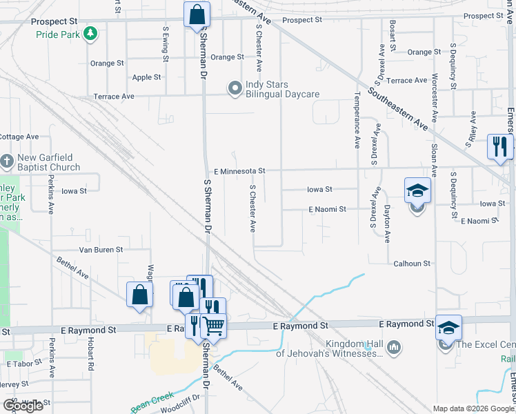 map of restaurants, bars, coffee shops, grocery stores, and more near 1729 South Chester Avenue in Indianapolis