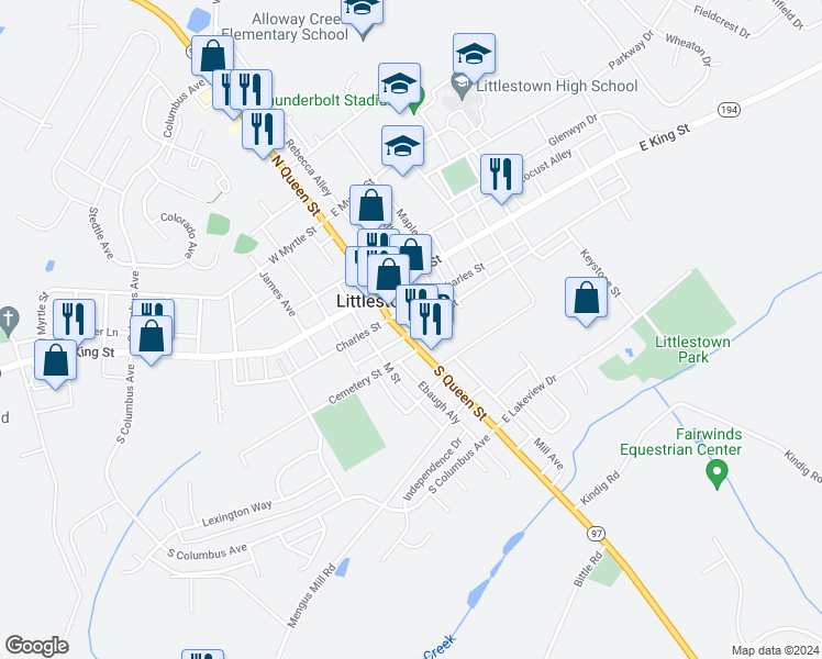 map of restaurants, bars, coffee shops, grocery stores, and more near 50 South Queen Street in Littlestown