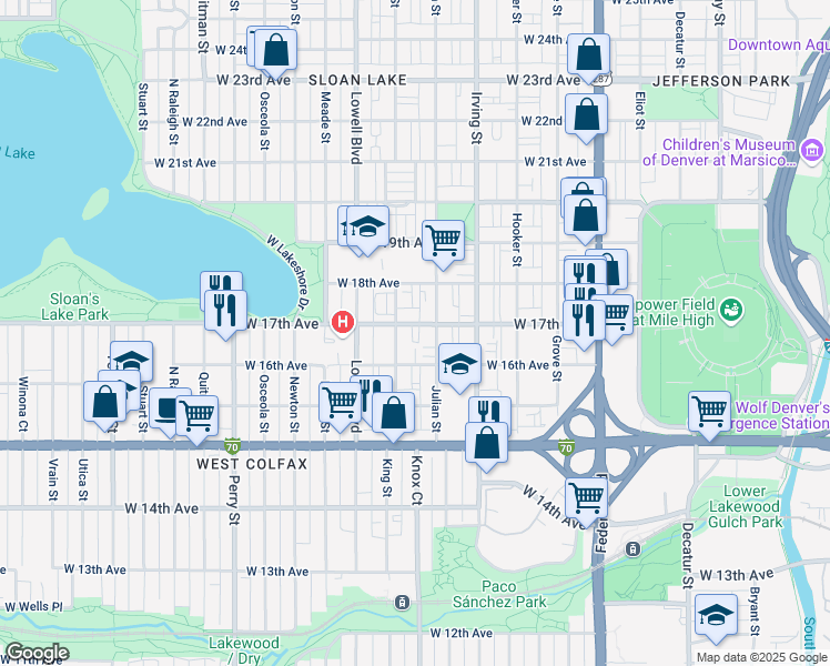 map of restaurants, bars, coffee shops, grocery stores, and more near in Denver