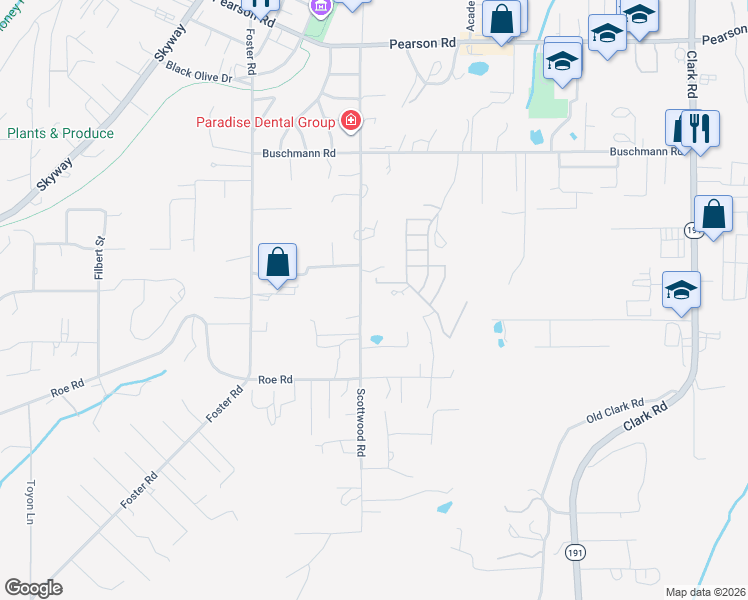 map of restaurants, bars, coffee shops, grocery stores, and more near 5420 Scottwood Road in Paradise