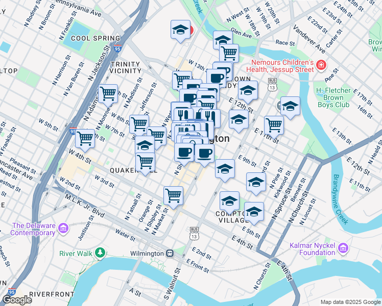 map of restaurants, bars, coffee shops, grocery stores, and more near 801 North Market Street in Wilmington