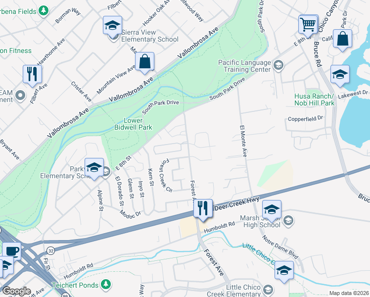 map of restaurants, bars, coffee shops, grocery stores, and more near 894 Forest Avenue in Chico