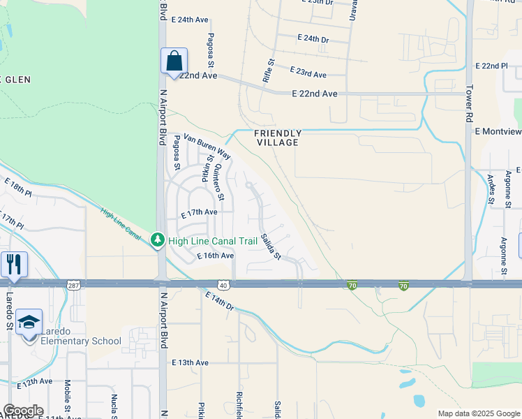 map of restaurants, bars, coffee shops, grocery stores, and more near 17585 East 18th Place in Aurora