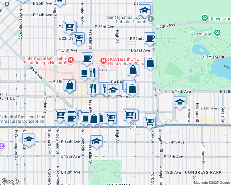 map of restaurants, bars, coffee shops, grocery stores, and more near 1740 North Williams Street in Denver