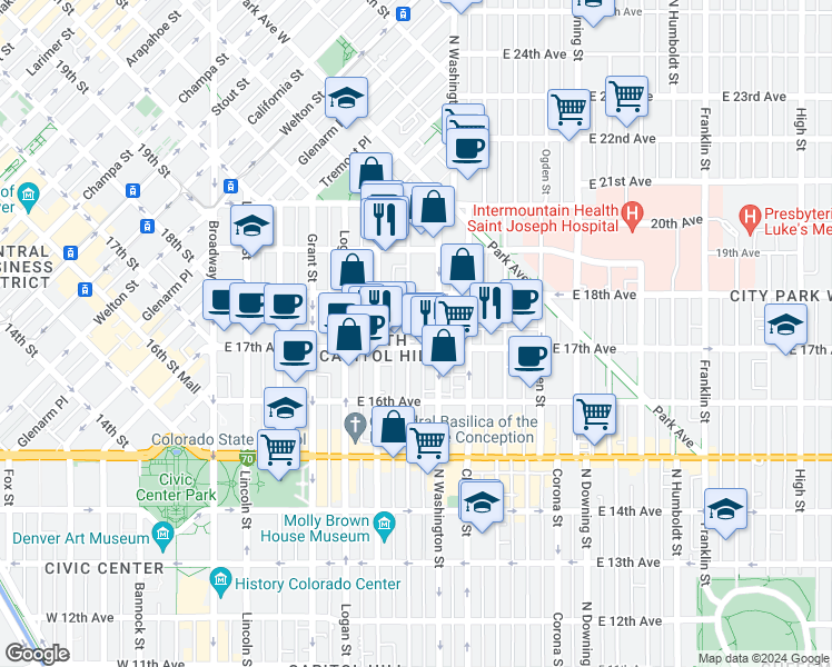 map of restaurants, bars, coffee shops, grocery stores, and more near 1747 North Washington Street in Denver