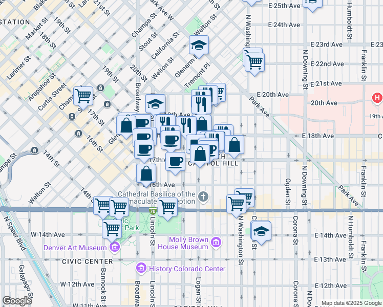 map of restaurants, bars, coffee shops, grocery stores, and more near 1780 Grant Street in Denver