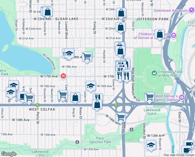 map of restaurants, bars, coffee shops, grocery stores, and more near 1707 Irving Street in Denver