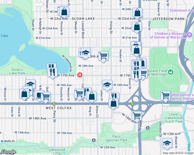 map of restaurants, bars, coffee shops, grocery stores, and more near in Denver