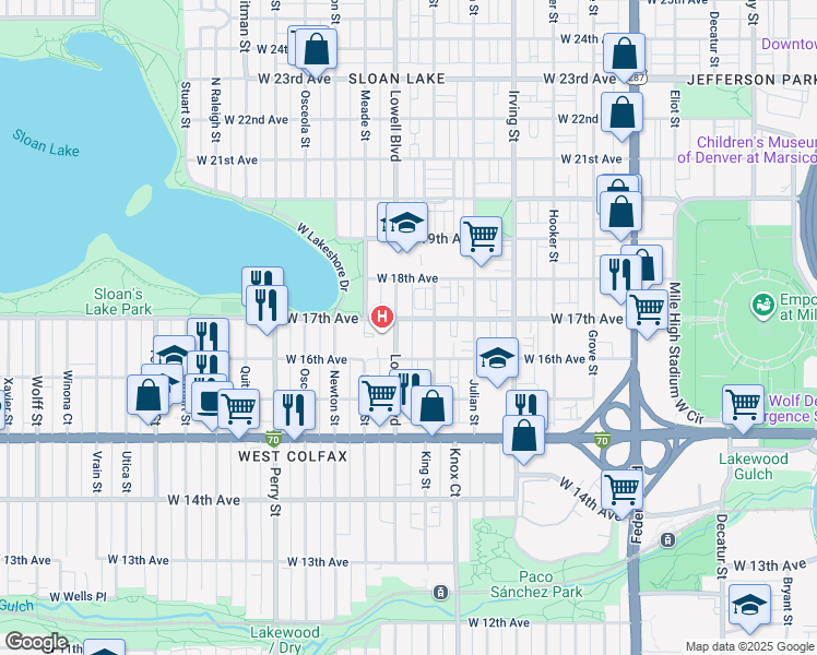 map of restaurants, bars, coffee shops, grocery stores, and more near in Denver