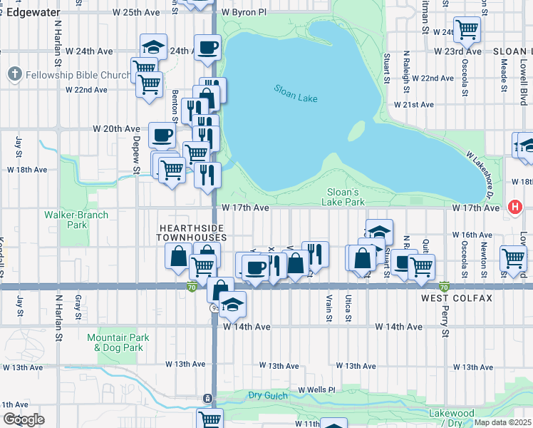 map of restaurants, bars, coffee shops, grocery stores, and more near 1690 Xavier Street in Denver