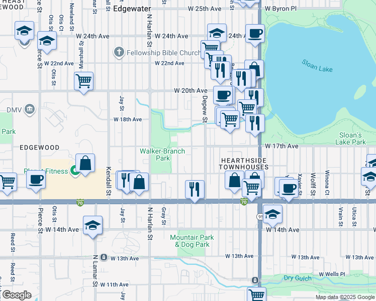 map of restaurants, bars, coffee shops, grocery stores, and more near 1702 Fenton Street in Lakewood