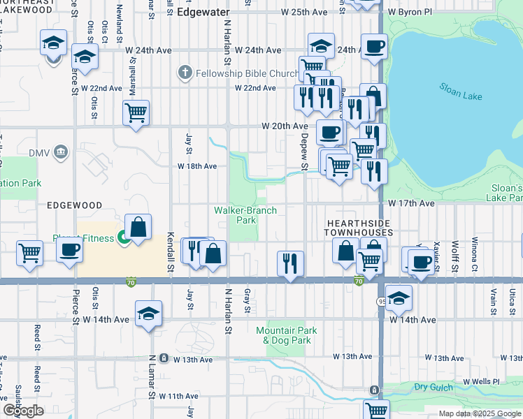 map of restaurants, bars, coffee shops, grocery stores, and more near 1702 Fenton Street in Lakewood
