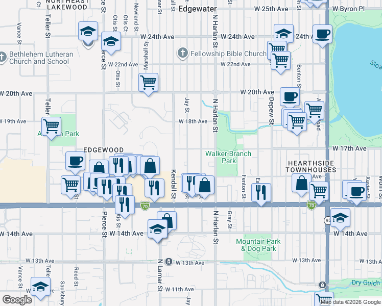 map of restaurants, bars, coffee shops, grocery stores, and more near 1700 Jay Street in Lakewood