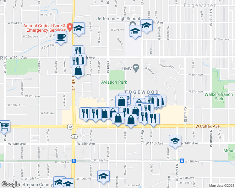 map of restaurants, bars, coffee shops, grocery stores, and more near 1695 Reed Street in Lakewood