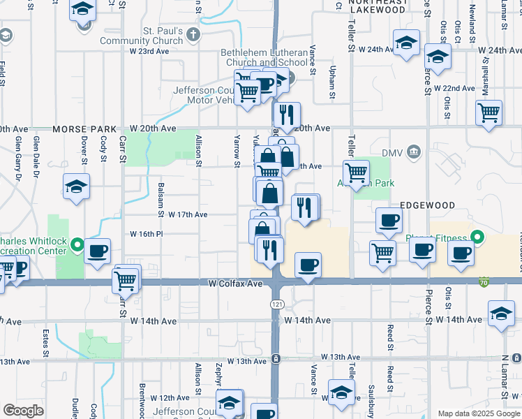 map of restaurants, bars, coffee shops, grocery stores, and more near 1701 Wadsworth Boulevard in Lakewood