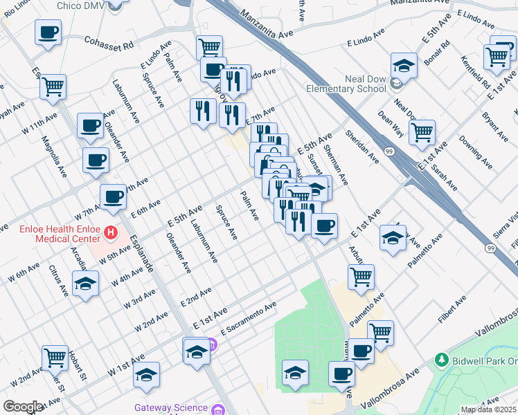 map of restaurants, bars, coffee shops, grocery stores, and more near 1351 Mangrove Avenue in Chico