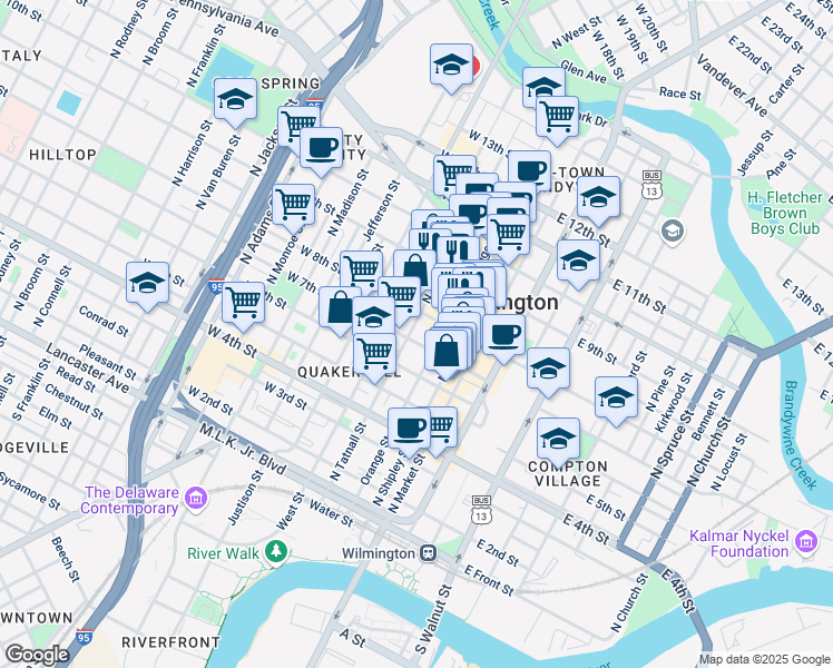 map of restaurants, bars, coffee shops, grocery stores, and more near 703 North Tatnall Street in Wilmington