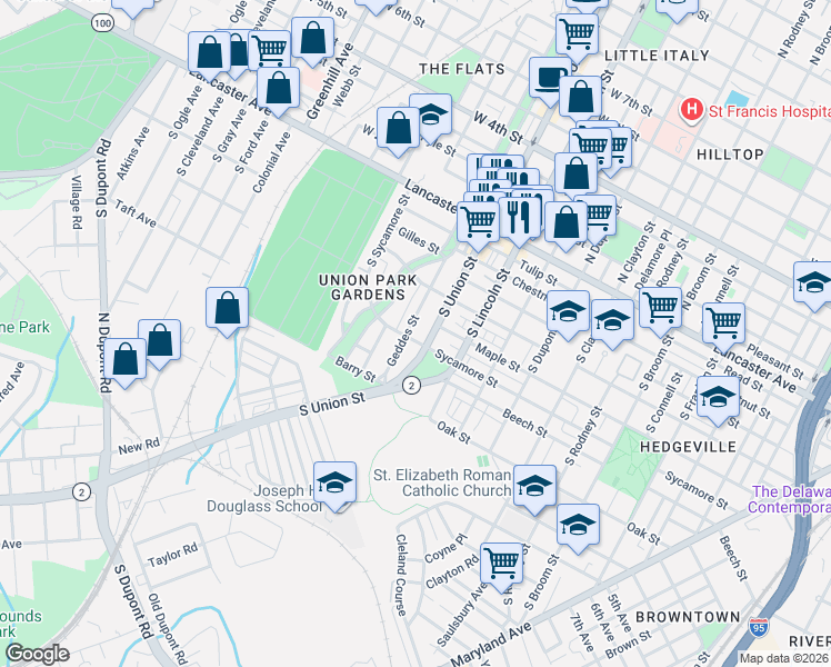 map of restaurants, bars, coffee shops, grocery stores, and more near 432 Geddes Street in Wilmington