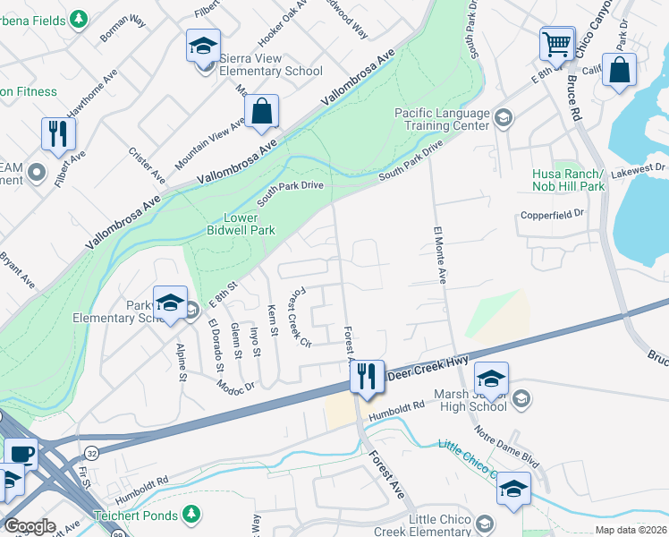 map of restaurants, bars, coffee shops, grocery stores, and more near 894 Forest Avenue in Chico