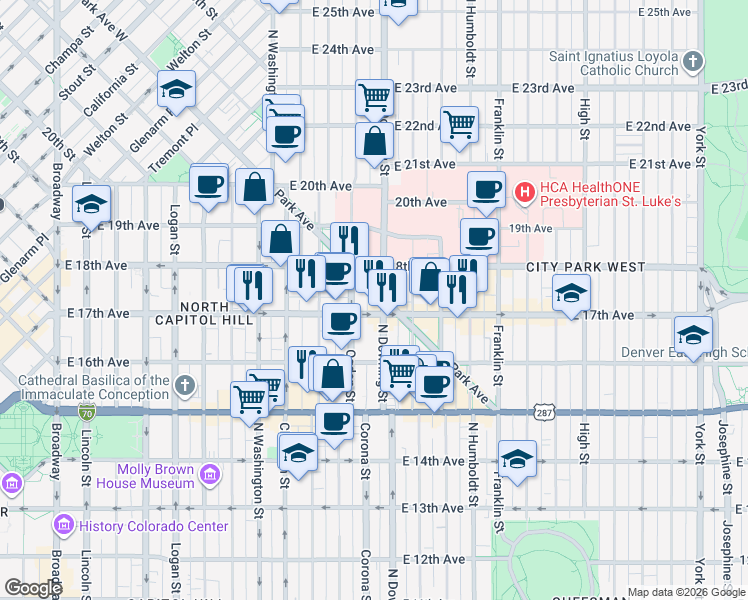 map of restaurants, bars, coffee shops, grocery stores, and more near 1734 North Ogden Street in Denver